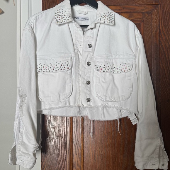 Zara Customized White Bedazzled Fringe Denim Jacket - Picture 1 of 6